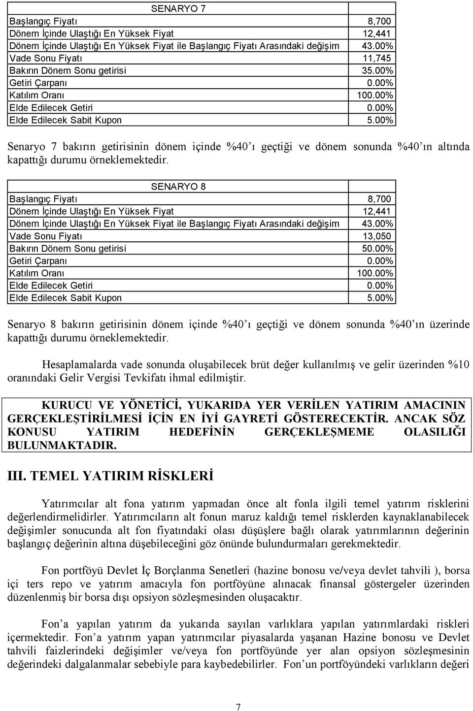 00% Senaryo 7 bakırın getirisinin dönem içinde %40 ı geçtiği ve dönem sonunda %40 ın altında kapattığı durumu örneklemektedir.