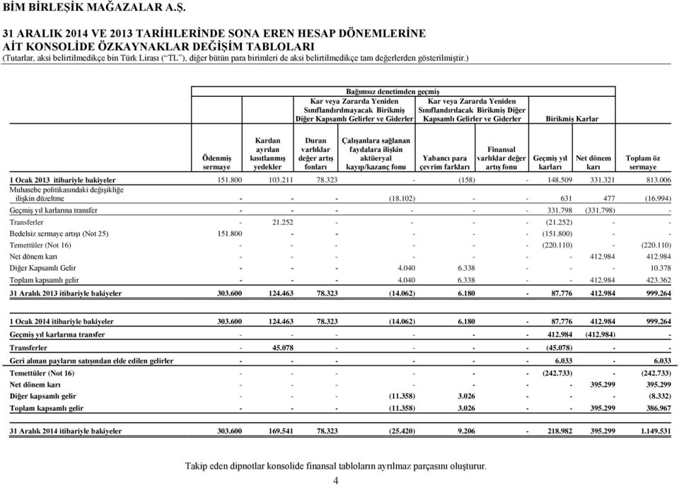 varlıklar değer artış fonları Çalışanlara sağlanan faydalara ilişkin aktüeryal kayıp/kazanç fonu Yabancı para çevrim farkları Finansal varlıklar değer artış fonu Geçmiş yıl karları Net dönem karı