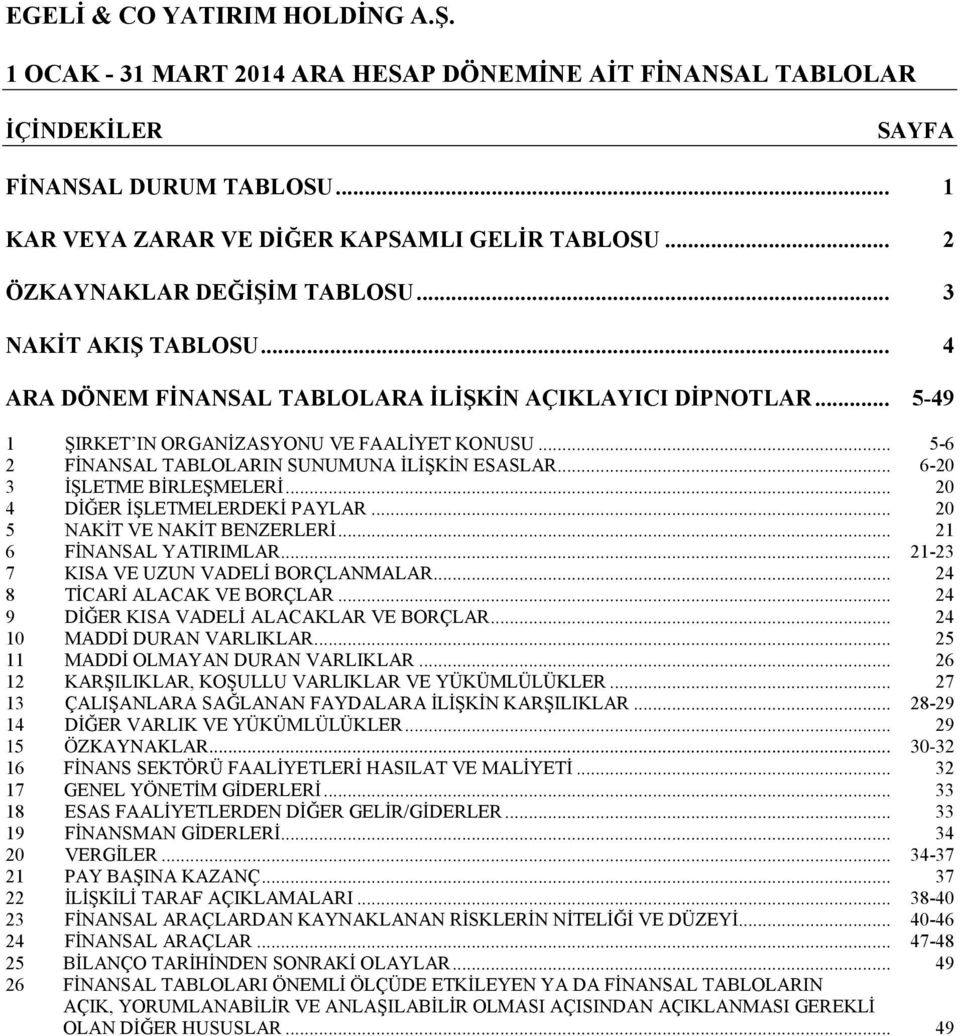 .. 6-20 3 İŞLETME BİRLEŞMELERİ... 20 4 DİĞER İŞLETMELERDEKİ PAYLAR... 20 5 NAKİT VE NAKİT BENZERLERİ... 21 6 FİNANSAL YATIRIMLAR... 21-23 7 KISA VE UZUN VADELİ BORÇLANMALAR.