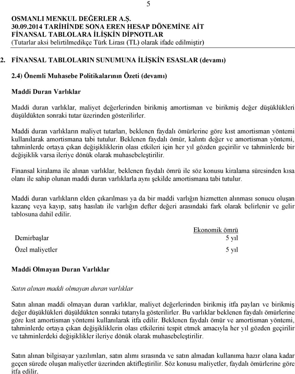 üzerinden gösterilirler. Maddi duran varlıkların maliyet tutarları, beklenen faydalı ömürlerine göre kıst amortisman yöntemi kullanılarak amortismana tabi tutulur.