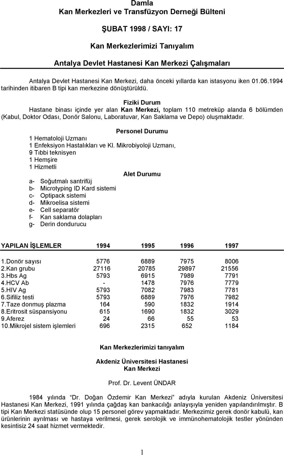 Fiziki Durum Hastane binası içinde yer alan Kan Merkezi, toplam 110 metreküp alanda 6 bölümden (Kabul, Doktor Odası, Donör Salonu, Laboratuvar, Kan Saklama ve Depo) oluşmaktadır.