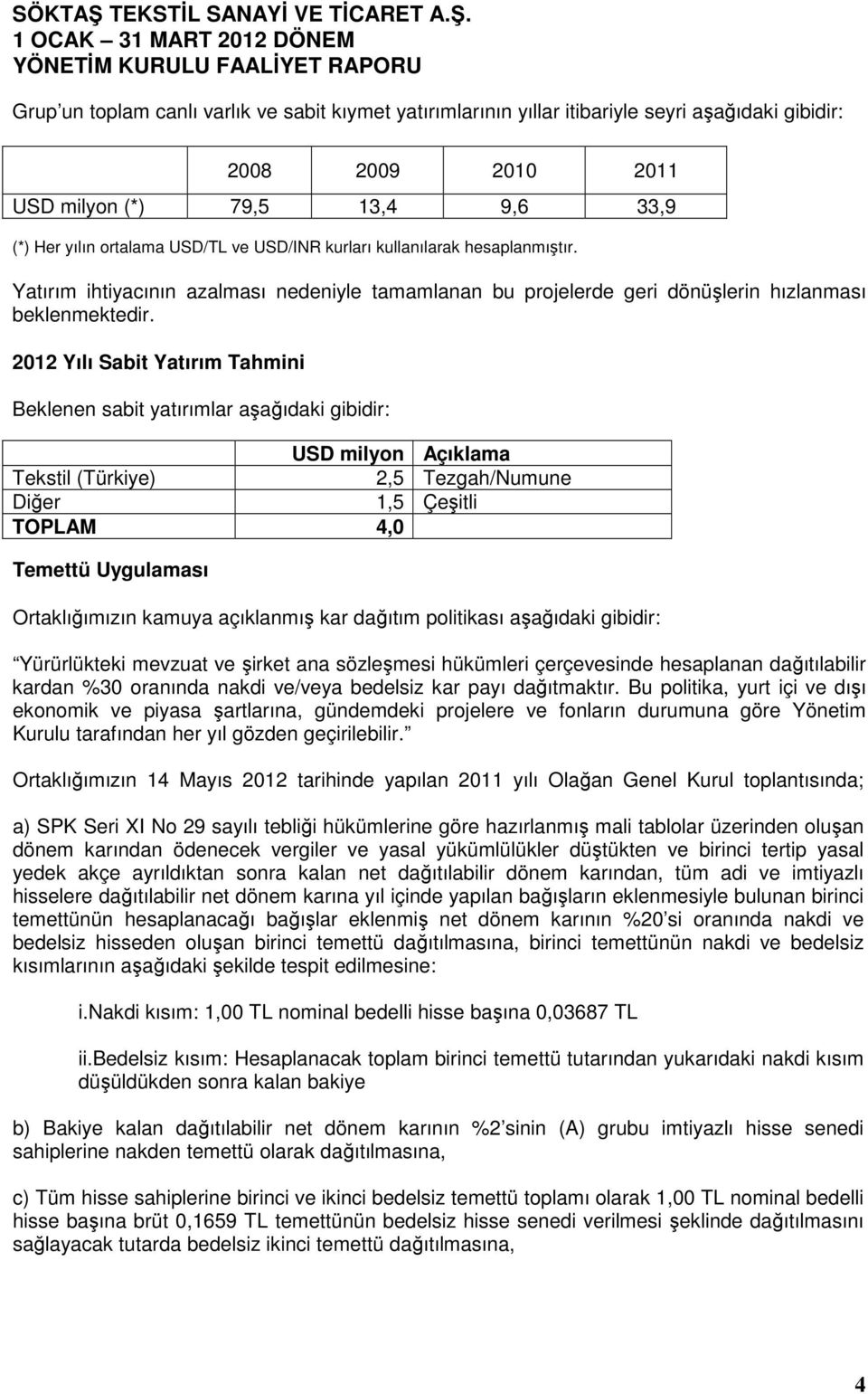 2012 Yılı Sabit Yatırım Tahmini Beklenen sabit yatırımlar aşağıdaki gibidir: USD milyon Açıklama Tekstil (Türkiye) 2,5 Tezgah/Numune Diğer 1,5 Çeşitli TOPLAM 4,0 Temettü Uygulaması Ortaklığımızın