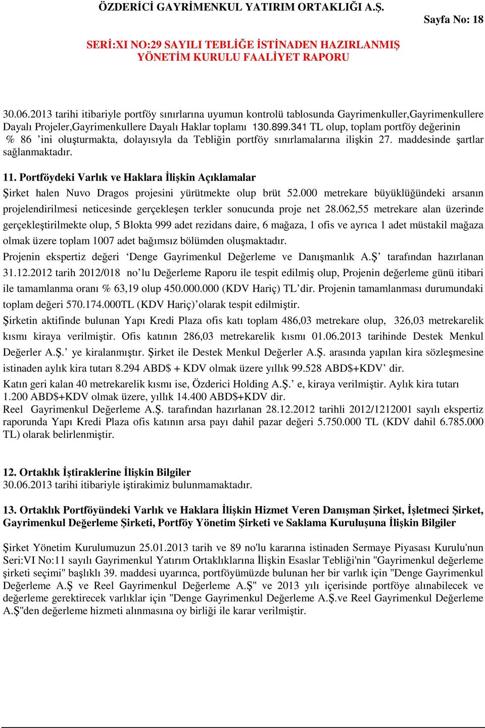 Portföydeki Varlık ve Haklara İlişkin Açıklamalar Şirket halen Nuvo Dragos projesini yürütmekte olup brüt 52.