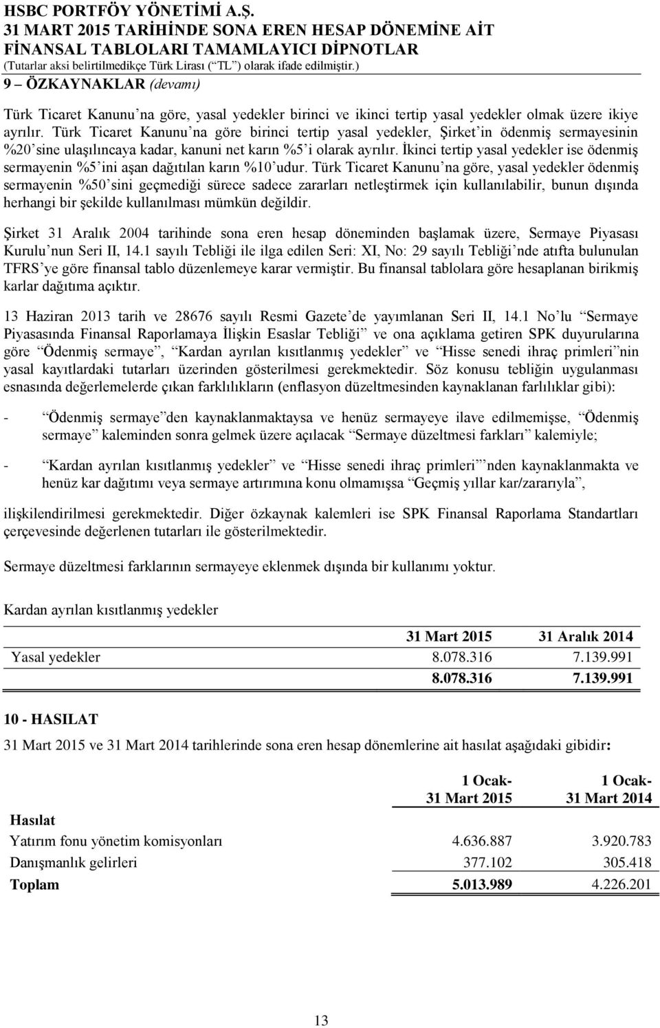 İkinci tertip yasal yedekler ise ödenmiş sermayenin %5 ini aşan dağıtılan karın %10 udur.