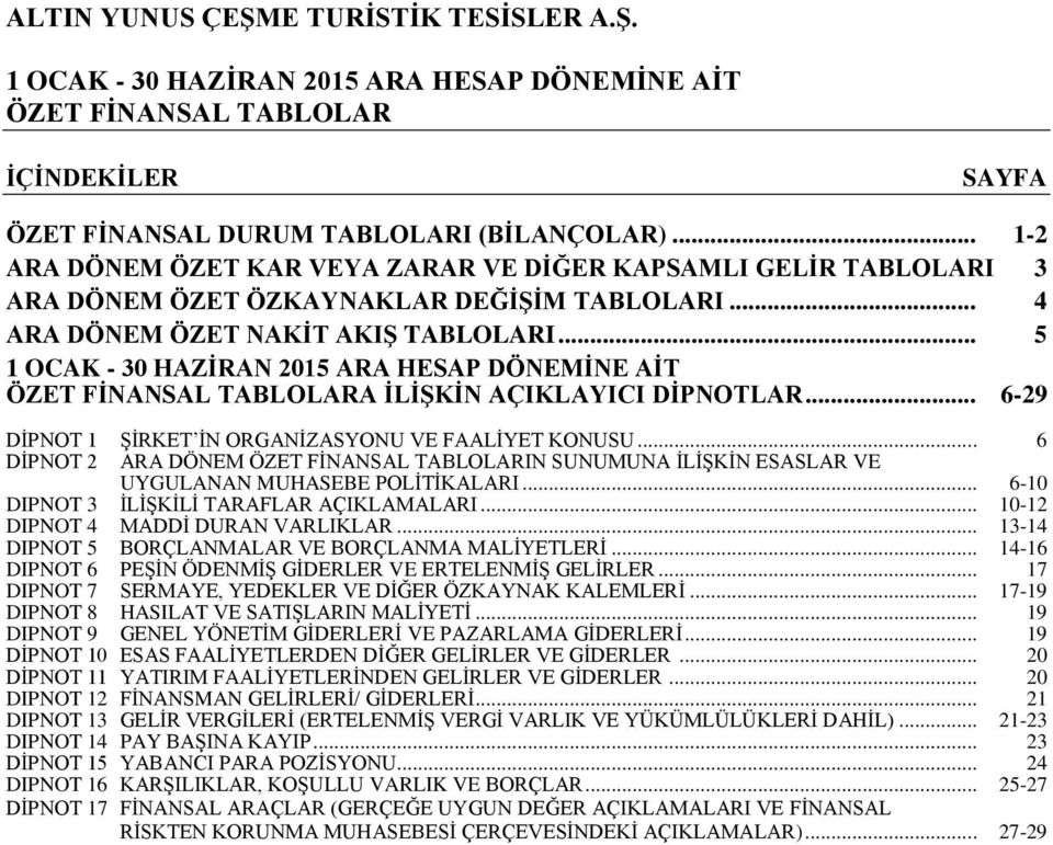 .. 6 DİPNOT 2 ARA DÖNEM ÖZET FİNANSAL TABLOLARIN SUNUMUNA İLİŞKİN ESASLAR VE UYGULANAN MUHASEBE POLİTİKALARI... 6-10 DIPNOT 3 İLİŞKİLİ TARAFLAR AÇIKLAMALARI... 10-12 DIPNOT 4 MADDİ DURAN VARLIKLAR.