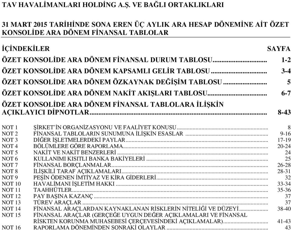 .. 6-7 ÖZET KONSOLİDE ARA DÖNEM FİNANSAL TABLOLARA İLİŞKİN AÇIKLAYICI... 8-43 NOT 1 ŞİRKET İN ORGANİZASYONU VE FAALİYET KONUSU... 8 NOT 2 FİNANSAL TABLOLARIN SUNUMUNA İLİŞKİN ESASLAR.