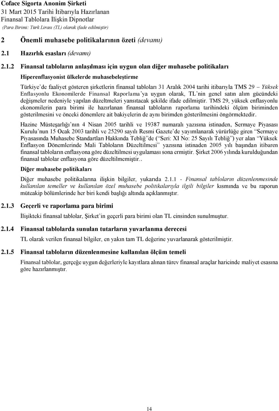 2 Finansal tabloların anlaşılması için uygun olan diğer muhasebe politikaları Hiperenflasyonist ülkelerde muhasebeleştirme Türkiye de faaliyet gösteren şirketlerin finansal tabloları 31 Aralık 2004