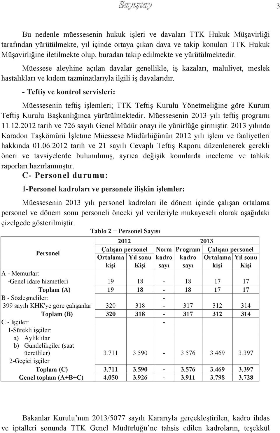 - TeftiĢ ve kontrol servisleri: Müessesenin teftiģ iģlemleri; TTK TeftiĢ Kurulu Yönetmeliğine göre Kurum TeftiĢ Kurulu BaĢkanlığınca yürütülmektedir. Müessesenin 2013 yılı teftiģ programı 11.12.