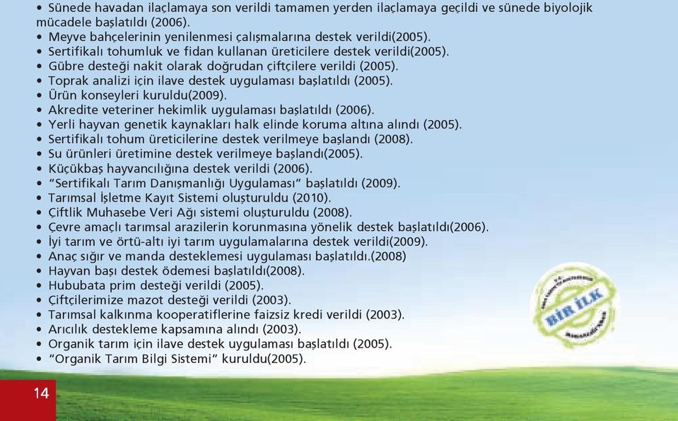 Ürün konseyleri kuruldu(2009). Akredite veteriner hekimlik uygulaması başlatıldı (2006). Yerli hayvan genetik kaynakları halk elinde koruma altına alındı (2005).