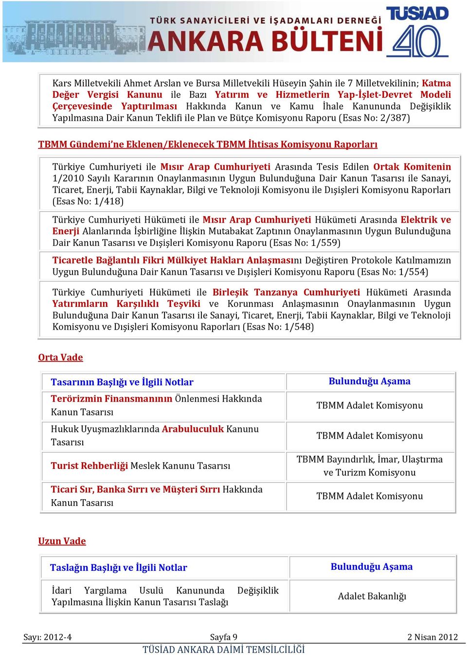 ile Mısır Arap Cumhuriyeti Arasında Tesis Edilen Ortak Komitenin 1/2010 Sayılı Kararının Onaylanmasının Uygun Bulunduğuna Dair Kanun Tasarısı ile Sanayi, Ticaret, Enerji, Tabii Kaynaklar, Bilgi ve