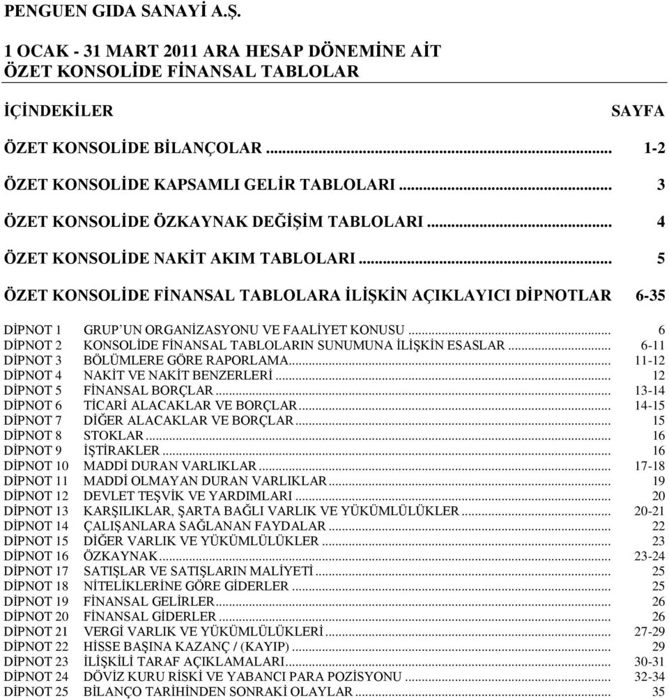 .. 6 DĠPNOT 2 KONSOLĠDE FĠNANSAL TABLOLARIN SUNUMUNA ĠLĠġKĠN ESASLAR... 6-11 DĠPNOT 3 BÖLÜMLERE GÖRE RAPORLAMA... 11-12 DĠPNOT 4 NAKĠT VE NAKĠT BENZERLERĠ... 12 DĠPNOT 5 FĠNANSAL BORÇLAR.