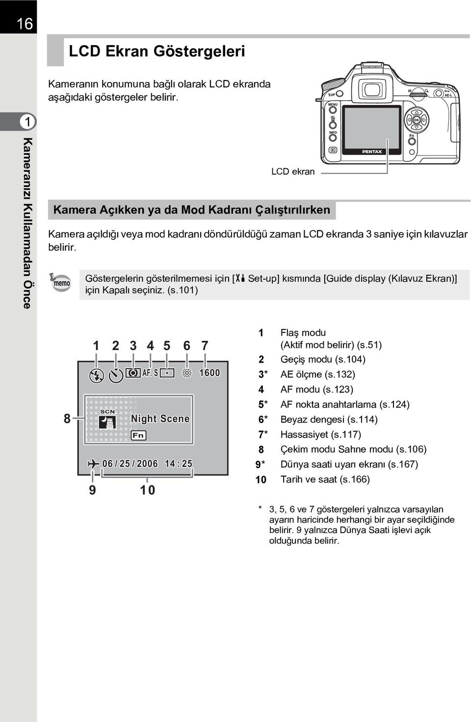 Göstergelerin gösterilmemesi için [H Set-up] kýsmýnda [Guide display (Kýlavuz Ekran)] için Kapalý seçiniz. (s.101) 8 1 9 2 3 4 5 6 7 AF.