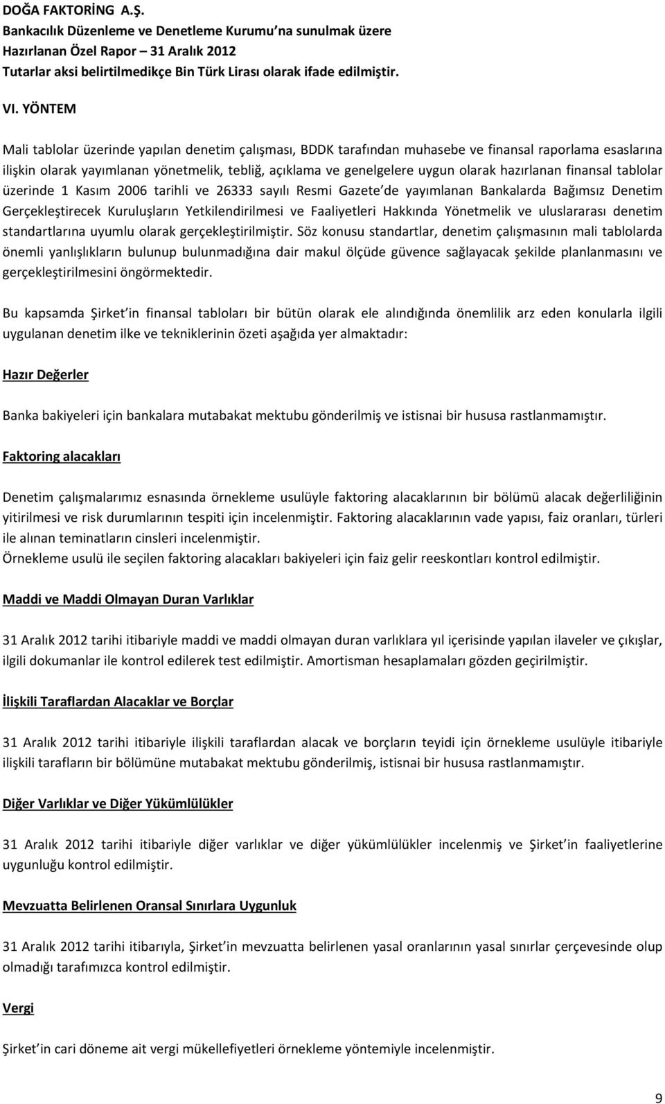 hazırlanan finansal tablolar üzerinde 1 Kasım 2006 tarihli ve 26333 sayılı Resmi Gazete de yayımlanan Bankalarda Bağımsız Denetim Gerçekleştirecek Kuruluşların Yetkilendirilmesi ve Faaliyetleri