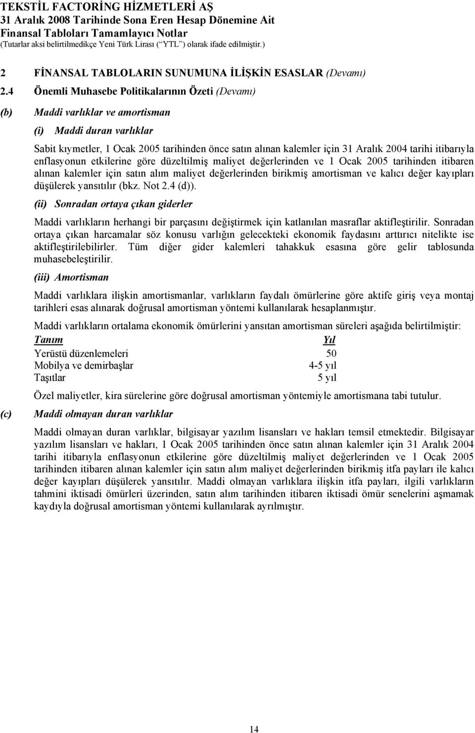 tarihi itibarıyla enflasyonun etkilerine göre düzeltilmiş maliyet değerlerinden ve 1 Ocak 2005 tarihinden itibaren alınan kalemler için satın alım maliyet değerlerinden birikmiş amortisman ve kalıcı