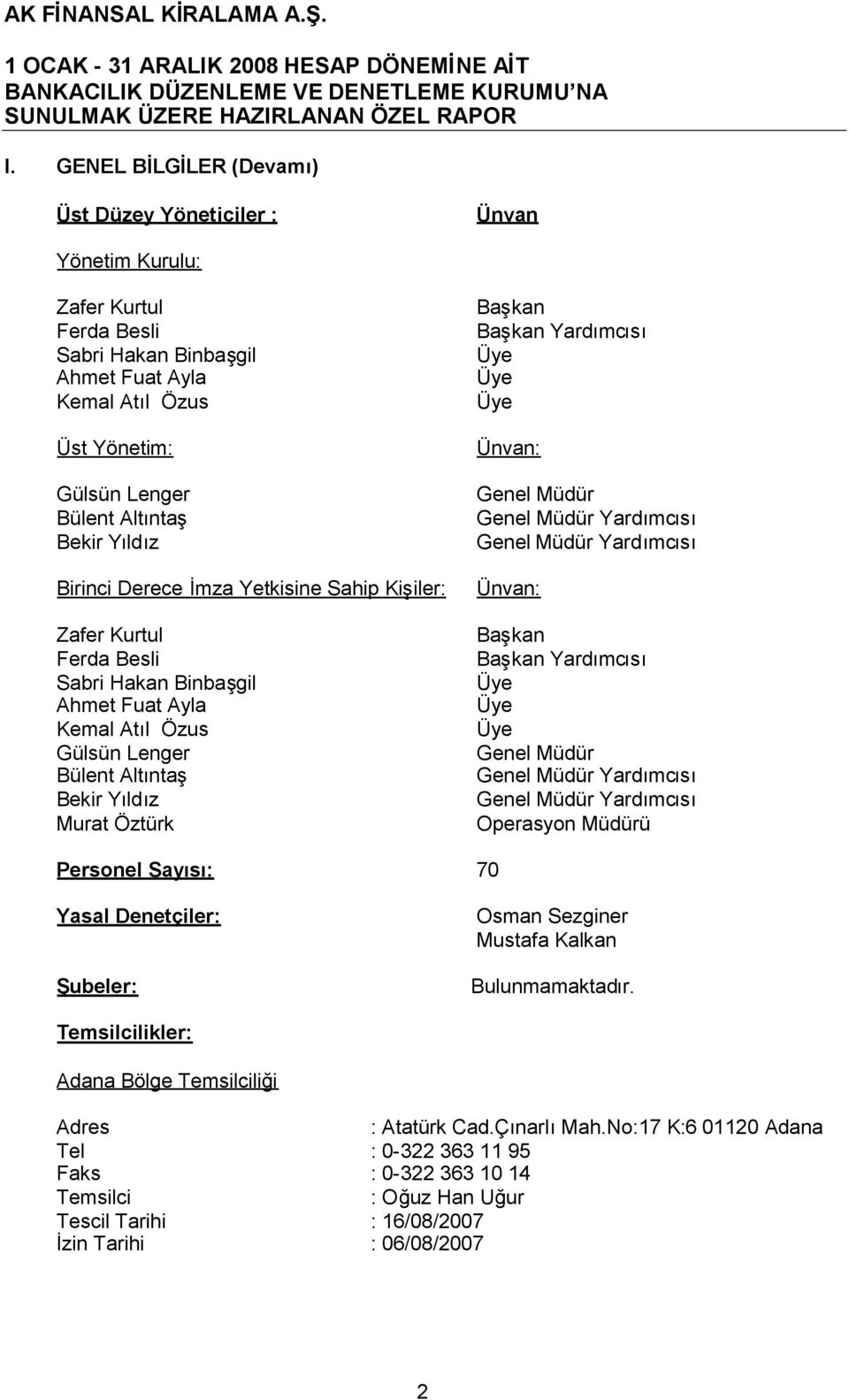 Yıldız Birinci Derece İmza Yetkisine Sahip Kişiler: Zafer Kurtul Ferda Besli Sabri Hakan Binbaşgil Ahmet Fuat Ayla Kemal Atıl Özus Gülsün Lenger Bülent Altıntaş Bekir Yıldız Murat Öztürk Başkan