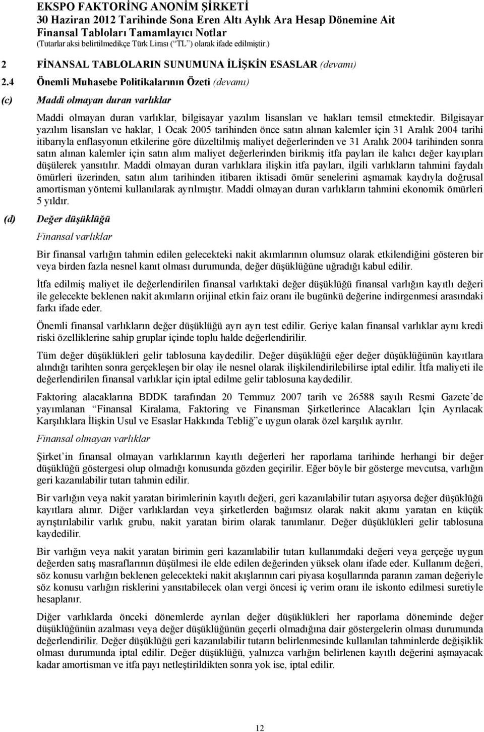 Bilgisayar yazılım lisansları ve haklar, 1 Ocak 2005 tarihinden önce satın alınan kalemler için 31 Aralık 2004 tarihi itibarıyla enflasyonun etkilerine göre düzeltilmiş maliyet değerlerinden ve 31