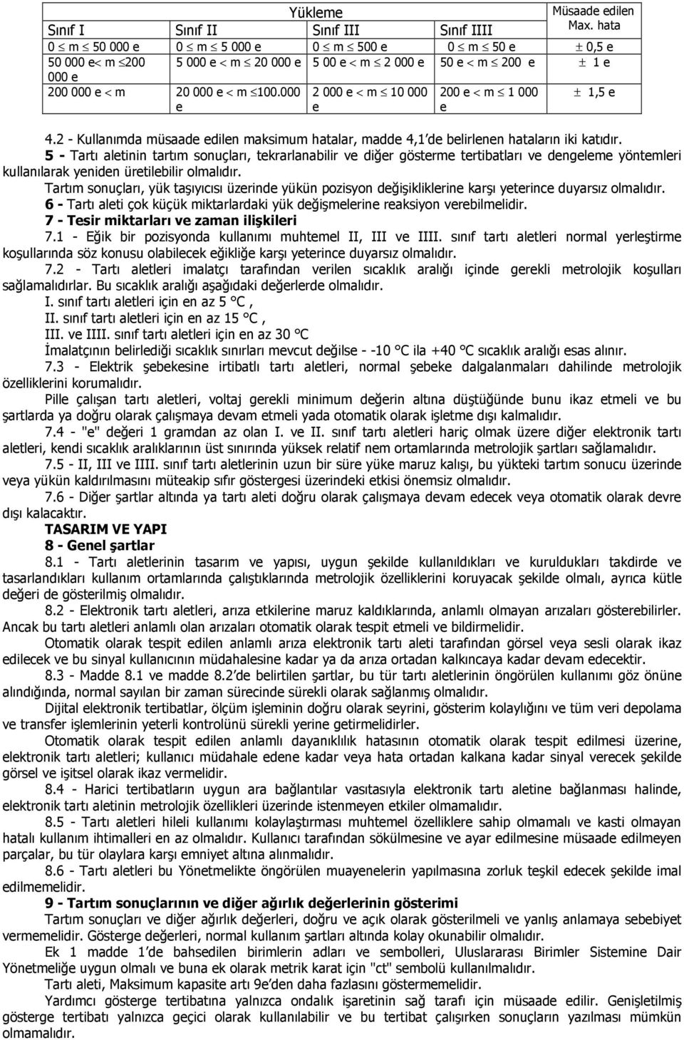 000 e 2 000 e < m 10 000 e 200 e < m 1 000 e ± 1,5 e 4.2 - Kullanımda müsaade edilen maksimum hatalar, madde 4,1 de belirlenen hataların iki katıdır.