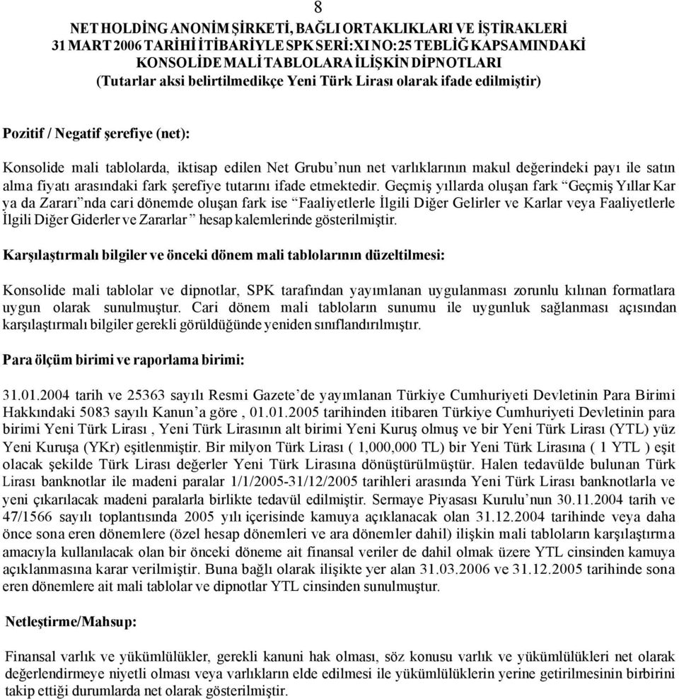 Geçmiş yıllarda oluşan fark Geçmiş Yıllar Kar ya da Zararı nda cari dönemde oluşan fark ise Faaliyetlerle İlgili Diğer Gelirler ve Karlar veya Faaliyetlerle İlgili Diğer Giderler ve Zararlar hesap