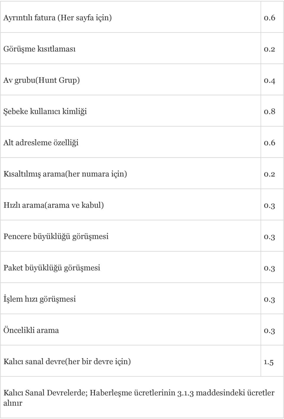 2 Hızlı arama(arama ve kabul) 0.3 Pencere büyüklüğü görüşmesi 0.3 Paket büyüklüğü görüşmesi 0.