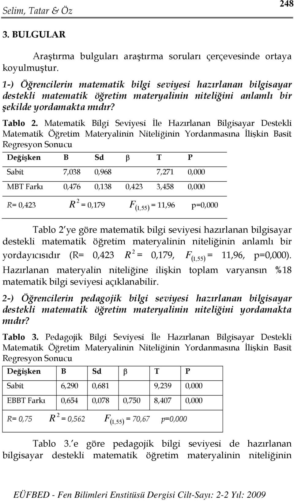 Matematik Bilgi Seviyesi İle Hazırlanan Bilgisayar Destekli Matematik Öğretim Materyalinin Niteliğinin Yordanmasına İlişkin Basit Regresyon Sonucu Değişken B Sd β T P Sabit 7,038 0,968 7,271 0,000