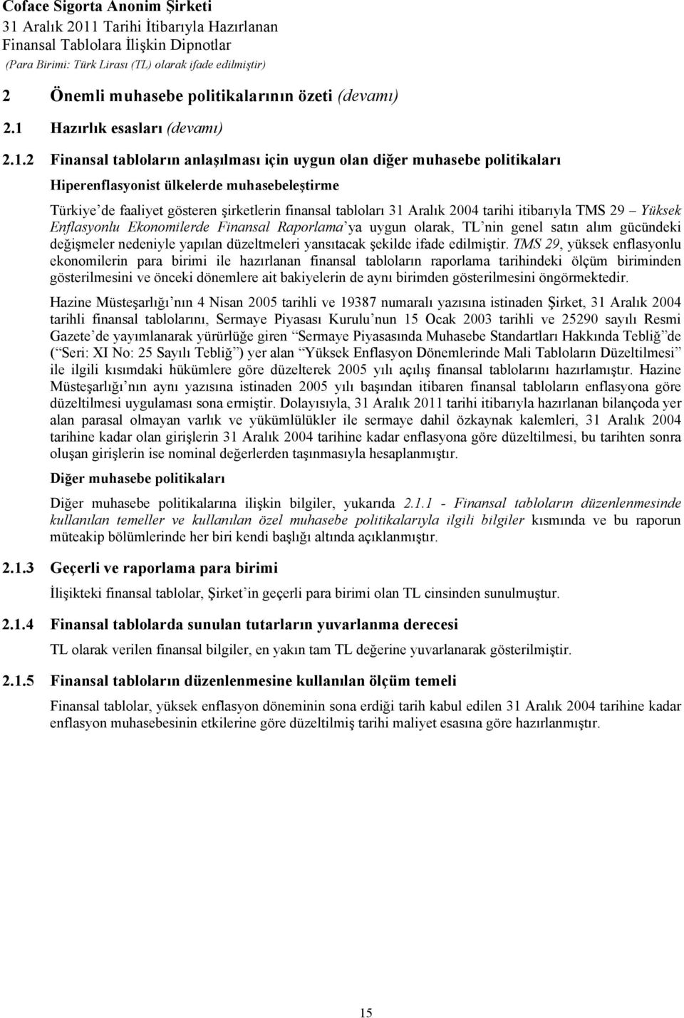 2 Finansal tabloların anlaşılması için uygun olan diğer muhasebe politikaları Hiperenflasyonist ülkelerde muhasebeleştirme Türkiye de faaliyet gösteren şirketlerin finansal tabloları 31 Aralık 2004