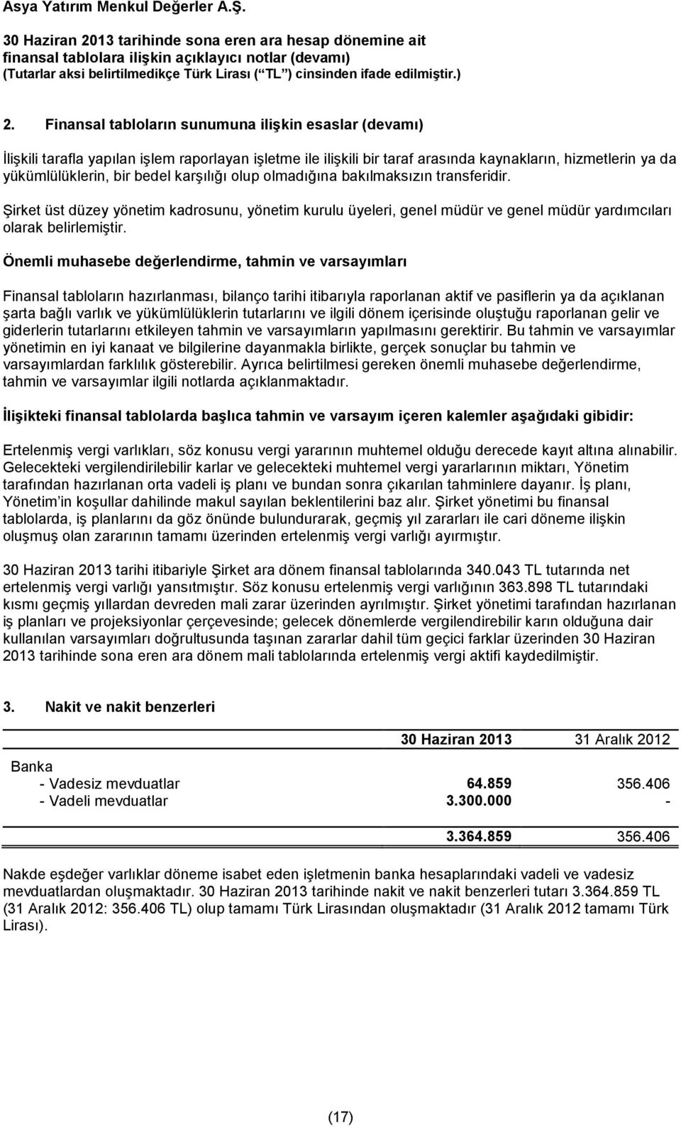 Önemli muhasebe değerlendirme, tahmin ve varsayımları Finansal tabloların hazırlanması, bilanço tarihi itibarıyla raporlanan aktif ve pasiflerin ya da açıklanan şarta bağlı varlık ve yükümlülüklerin