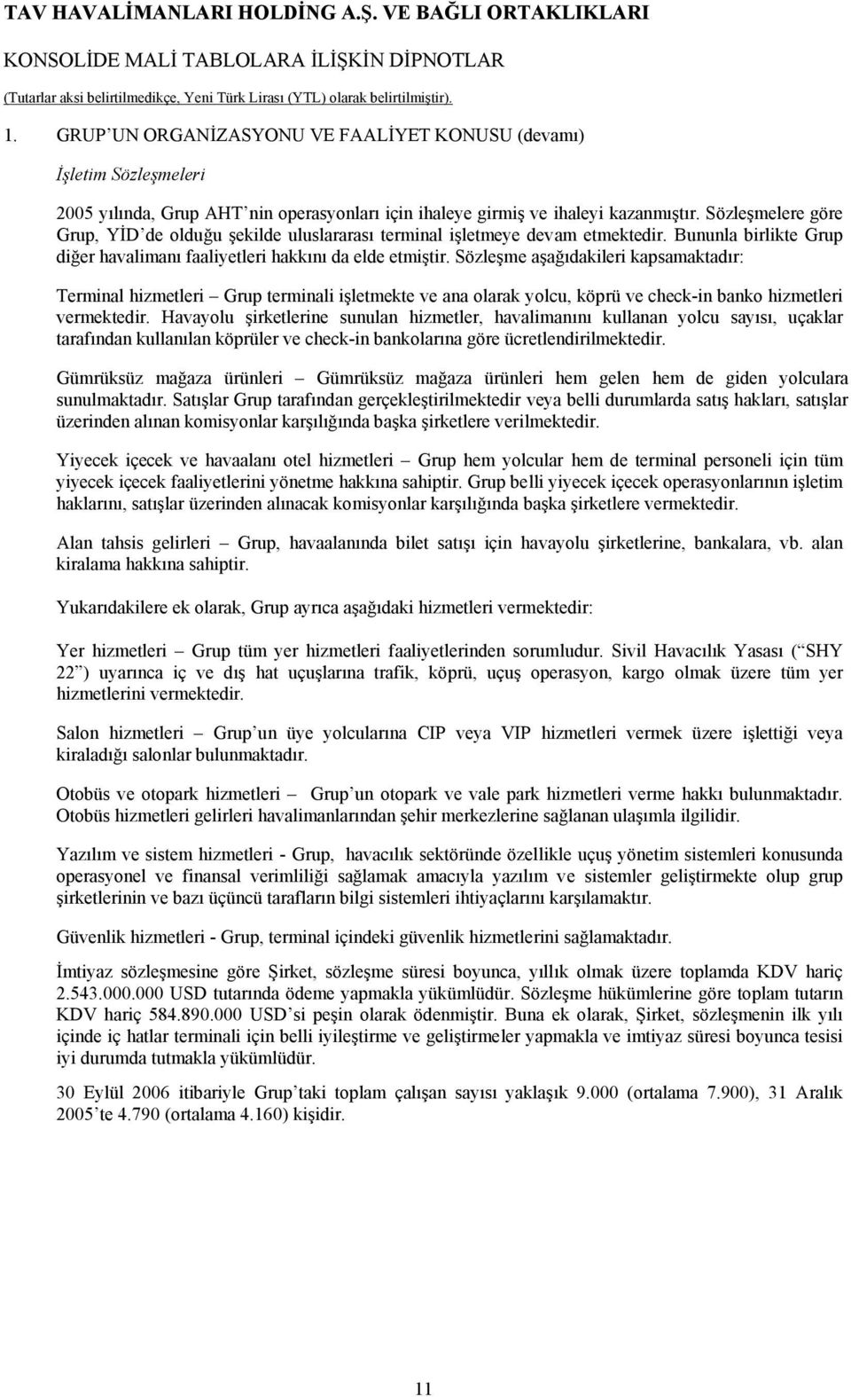 Sözleşme aşağıdakileri kapsamaktadır: Terminal hizmetleri Grup terminali işletmekte ve ana olarak yolcu, köprü ve check-in banko hizmetleri vermektedir.