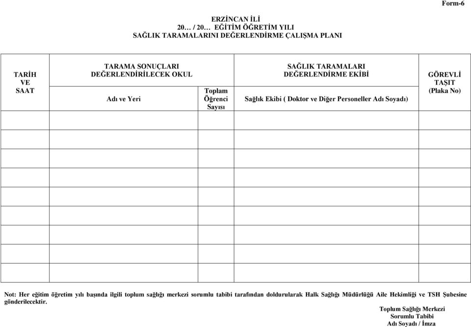 Personeller Adı Soyadı) GÖREVLĠ TAġIT (Plaka No) Not: Her eğitim öğretim yılı baģında ilgili toplum sağlığı merkezi sorumlu