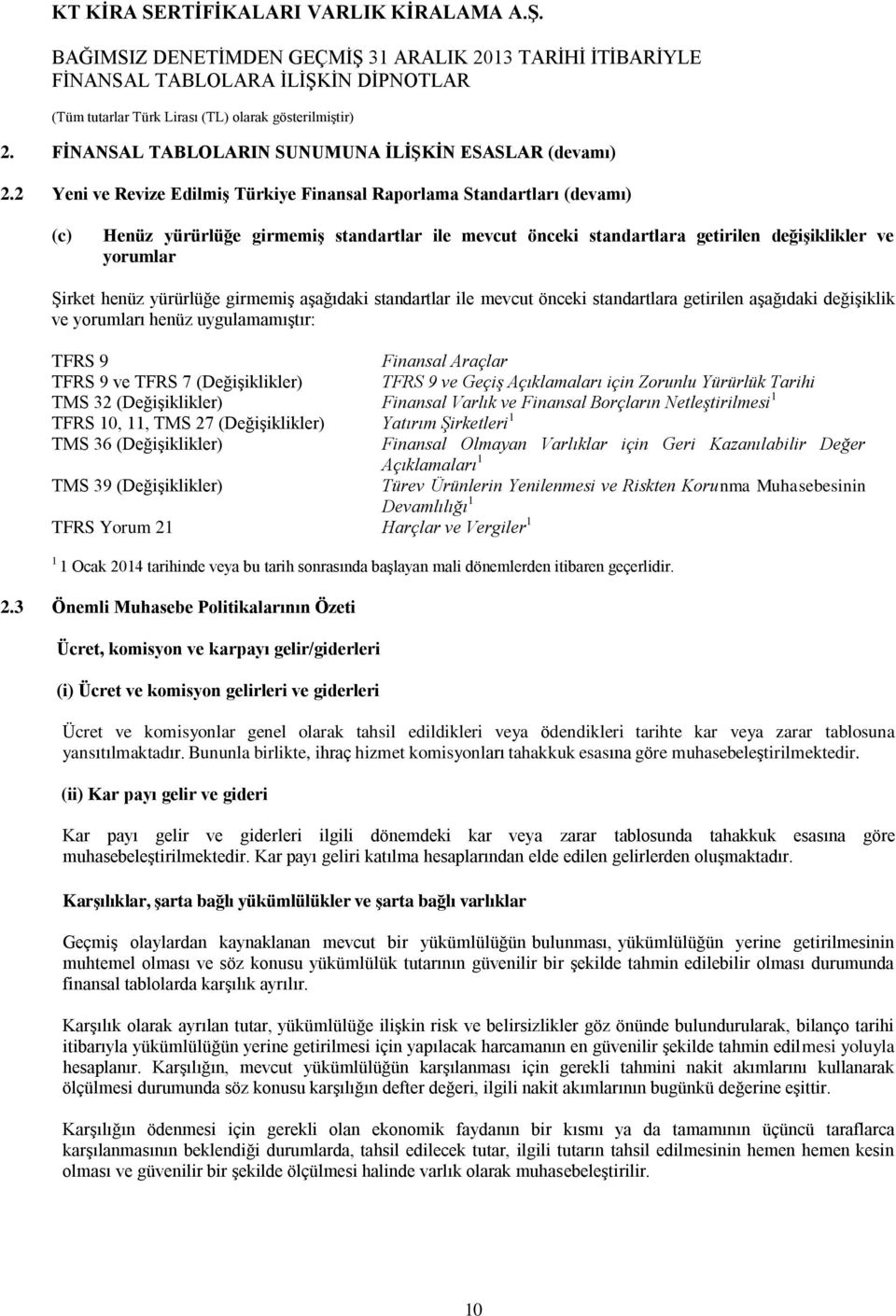 yürürlüğe girmemiş aşağıdaki standartlar ile mevcut önceki standartlara getirilen aşağıdaki değişiklik ve yorumları henüz uygulamamıştır: TFRS 9 Finansal Araçlar TFRS 9 ve TFRS 7 (Değişiklikler) TFRS