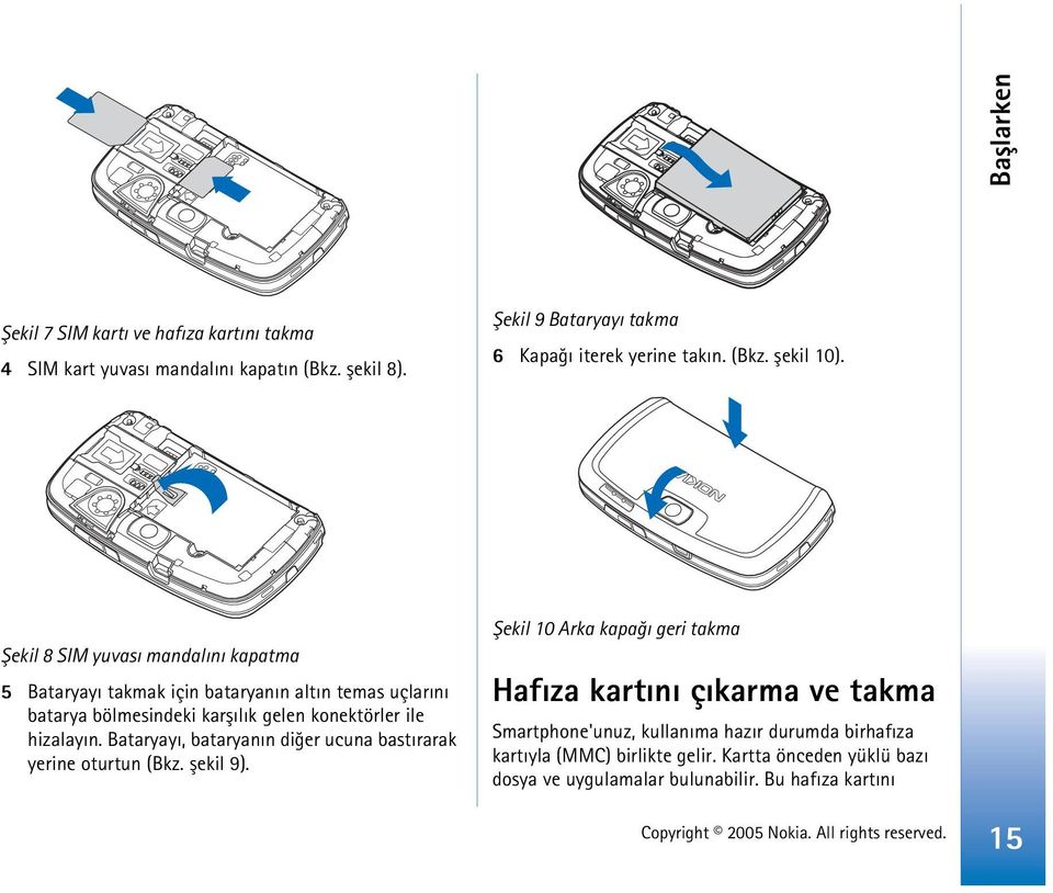 Þekil 8 SIM yuvasý mandalýný kapatma 5 Bataryayý takmak için bataryanýn altýn temas uçlarýný batarya bölmesindeki karþýlýk gelen konektörler ile hizalayýn.