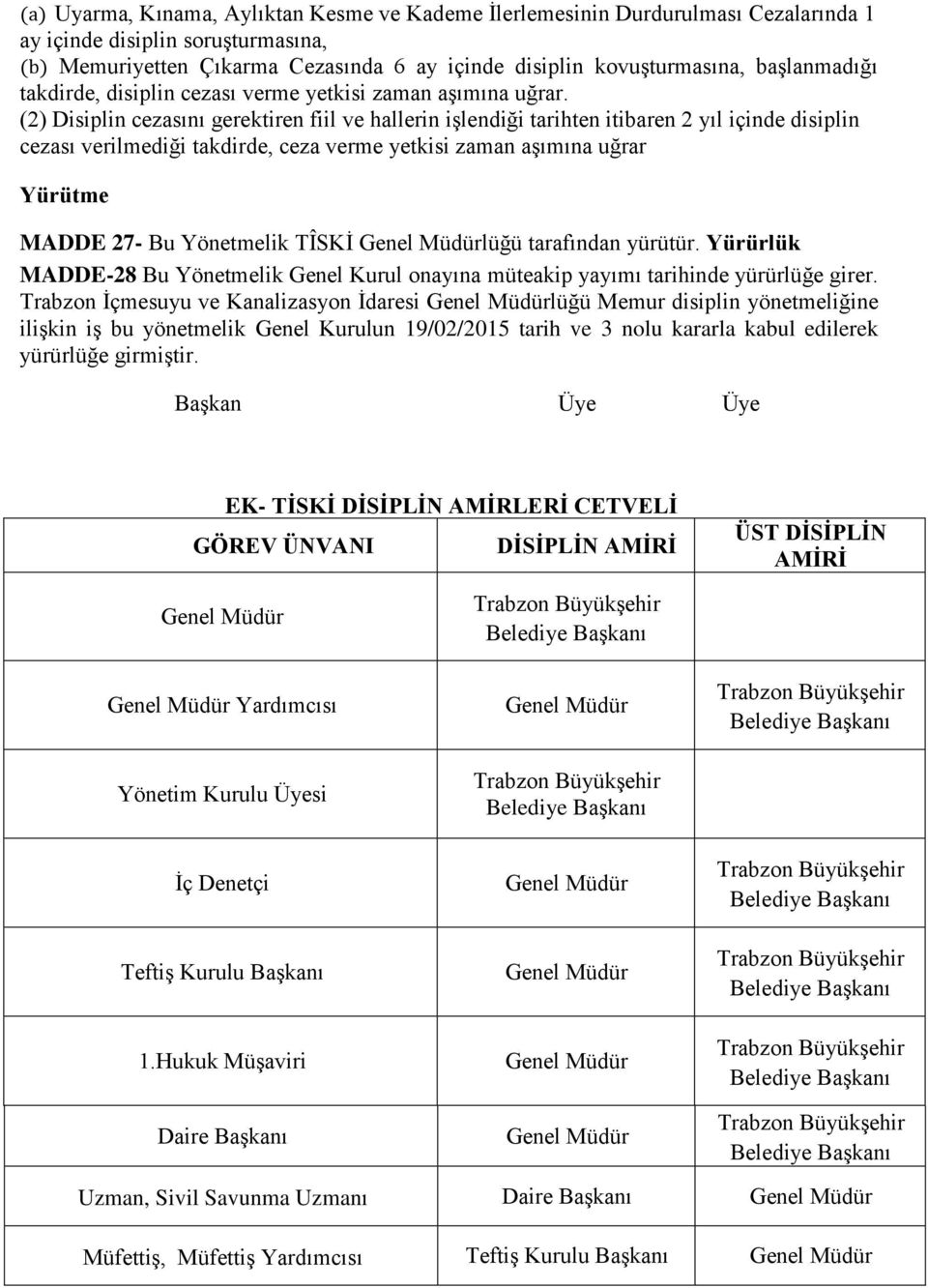 (2) Disiplin cezasını gerektiren fiil ve hallerin işlendiği tarihten itibaren 2 yıl içinde disiplin cezası verilmediği takdirde, ceza verme yetkisi zaman aşımına uğrar Yürütme MADDE 27- Bu Yönetmelik