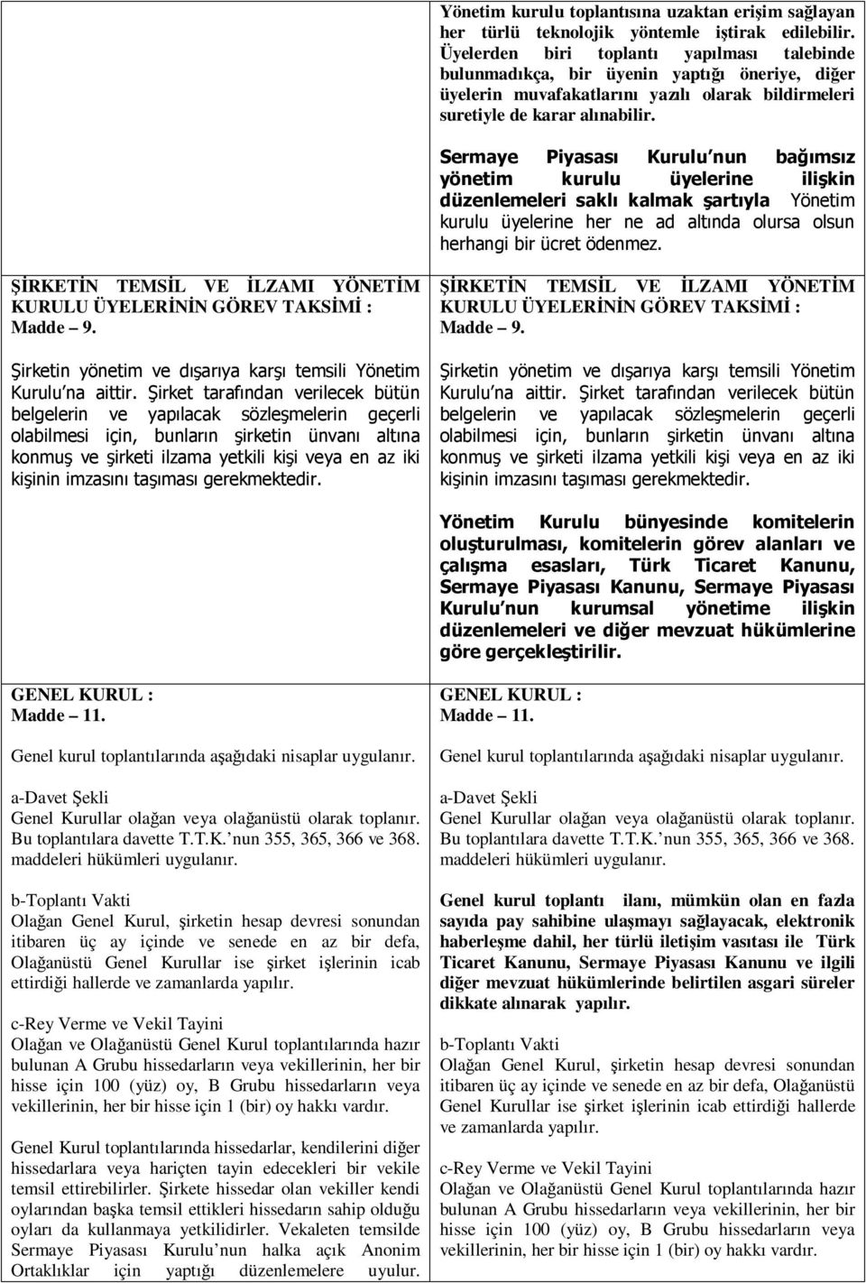 Sermaye Piyasası Kurulu nun bağımsız yönetim kurulu üyelerine ilişkin düzenlemeleri saklı kalmak şartıyla Yönetim kurulu üyelerine her ne ad altında olursa olsun herhangi bir ücret ödenmez.