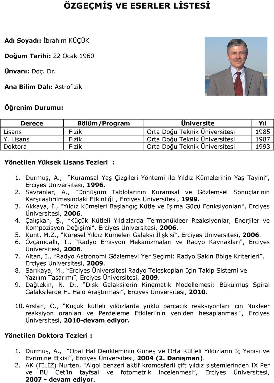 Lisans Fizik Orta Doğu Teknik Üniversitesi 1987 Doktora Fizik Orta Doğu Teknik Üniversitesi 1993 Yönetilen Yüksek Lisans Tezleri : 1. Durmuş, A.