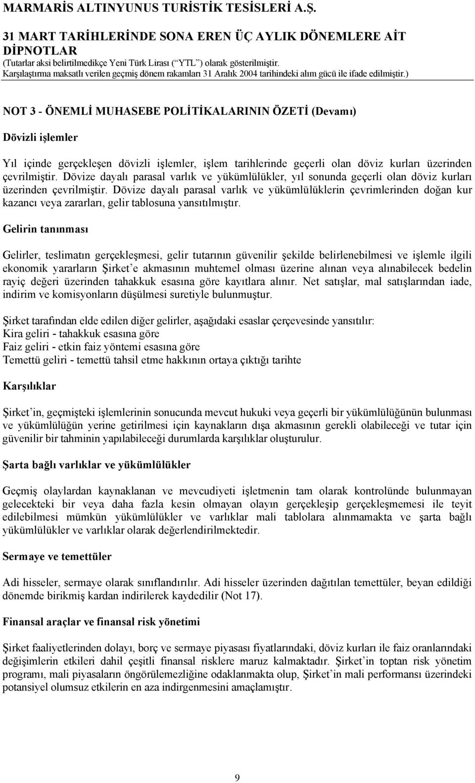 Dövize dayalı parasal varlık ve yükümlülüklerin çevrimlerinden doğan kur kazancı veya zararları, gelir tablosuna yansıtılmıştır.