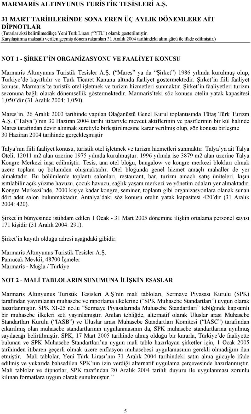 Marmaris teki söz konusu otelin yatak kapasitesi 1,050 dir (31 Aralık 2004: 1,050). Mares in, 26 Aralık 2003 tarihinde yapılan Olağanüstü Genel Kurul toplantısında Tütaş Türk Turizm A.Ş.