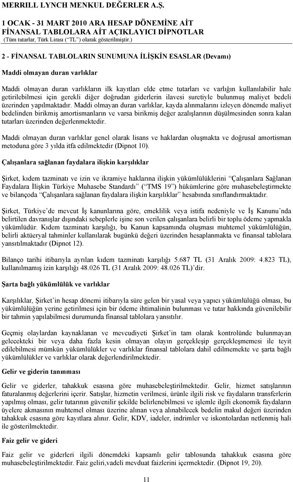 Maddi olmayan duran varlıklar, kayda alınmalarını izleyen dönemde maliyet bedelinden birikmiş amortismanların ve varsa birikmiş değer azalışlarının düşülmesinden sonra kalan tutarları üzerinden