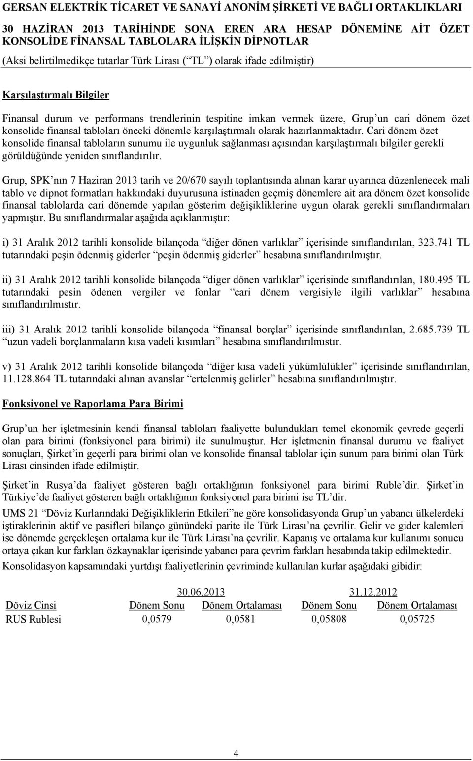 Grup, SPK nın 7 Haziran 2013 tarih ve 20/670 sayılı toplantısında alınan karar uyarınca düzenlenecek mali tablo ve dipnot formatları hakkındaki duyurusuna istinaden geçmiş dönemlere ait ara dönem