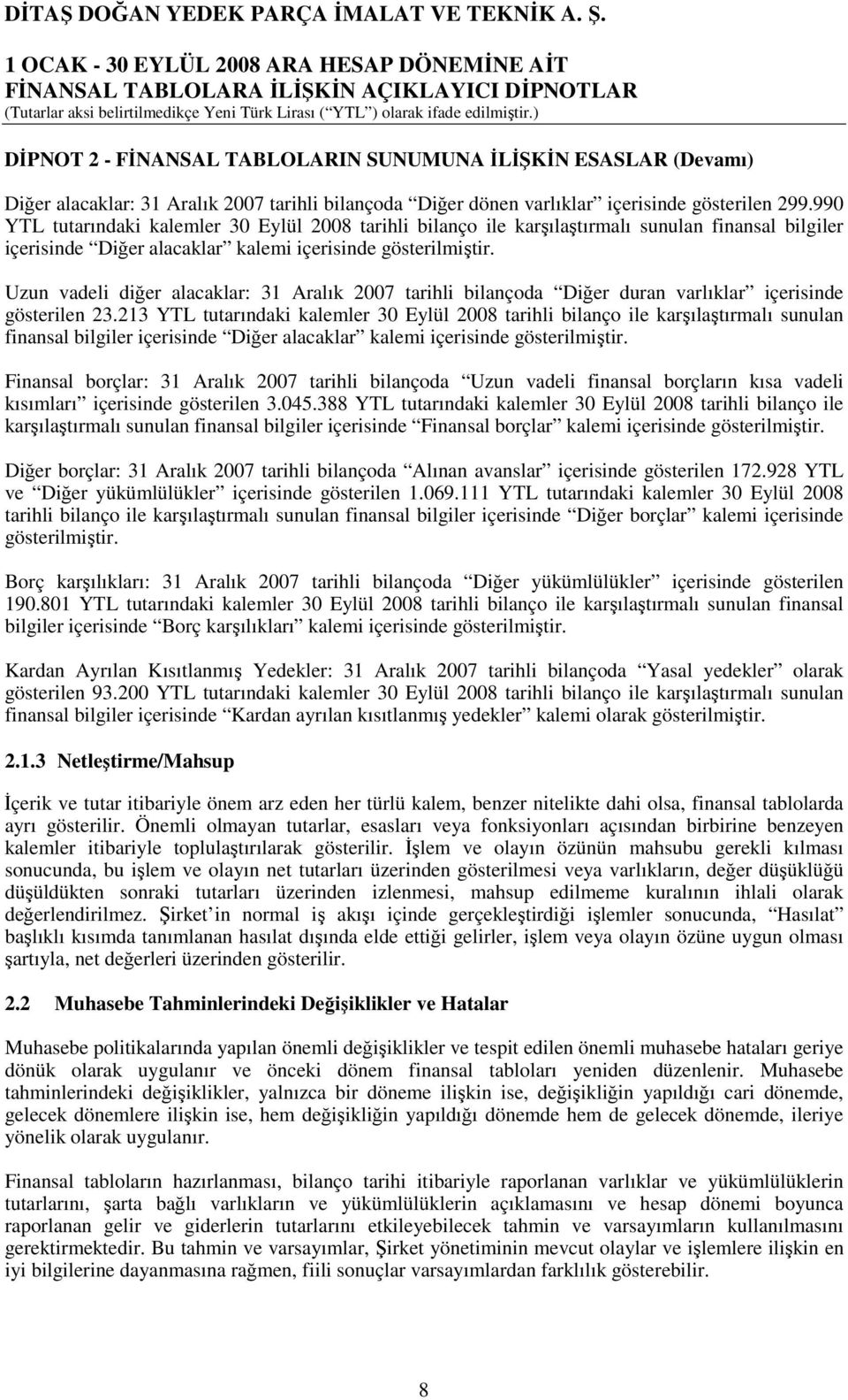 Uzun vadeli diğer alacaklar: 31 Aralık 2007 tarihli bilançoda Diğer duran varlıklar içerisinde gösterilen 23.