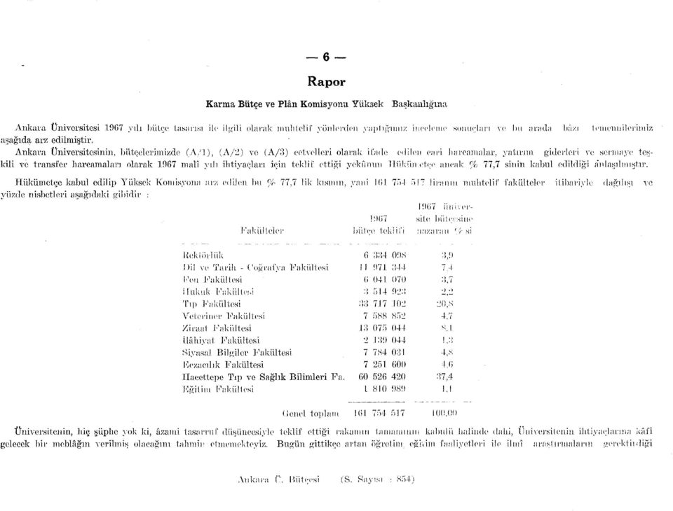 yekunun llükün.etçe ancak % 77 Hükümetçe kabul edilip Yüksek Kmisyna arz edilen bu % 77,7 lik kısmın, yani Kil 754 57 liranın, muhtel yüzde nisbetleri aşağıdaki gibidir : 967 i'mi.