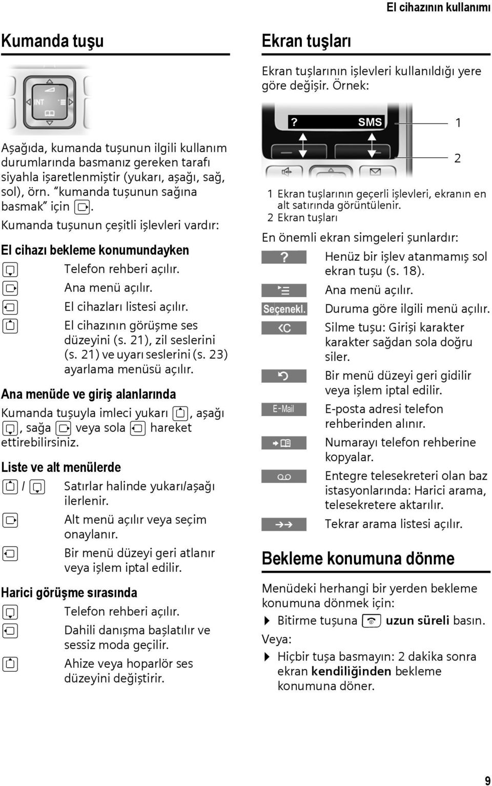 Kumanda tuşunun çeşitli işlevleri vardır: El cihazı bekleme konumundayken s v u t Telefon rehberi açılır. Ana menü açılır. El cihazları listesi açılır. El cihazının görüşme ses düzeyini (s.