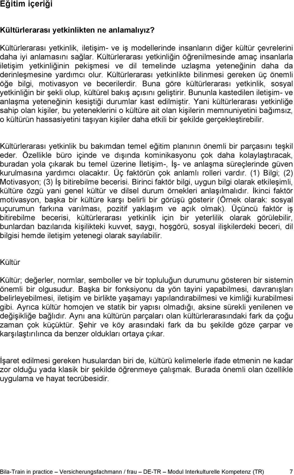 Kültürlerarası yetkinlikte bilinmesi gereken üç önemli öğe bilgi, motivasyon ve becerilerdir. Buna göre kültürlerarası yetkinlik, sosyal yetkinliğin bir şekli olup, kültürel bakış açısını geliştirir.