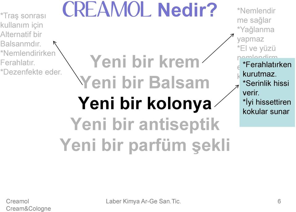 Yeni bir krem Yeni bir Balsam Yeni bir kolonya Yeni bir antiseptik Yeni bir parfüm şekli