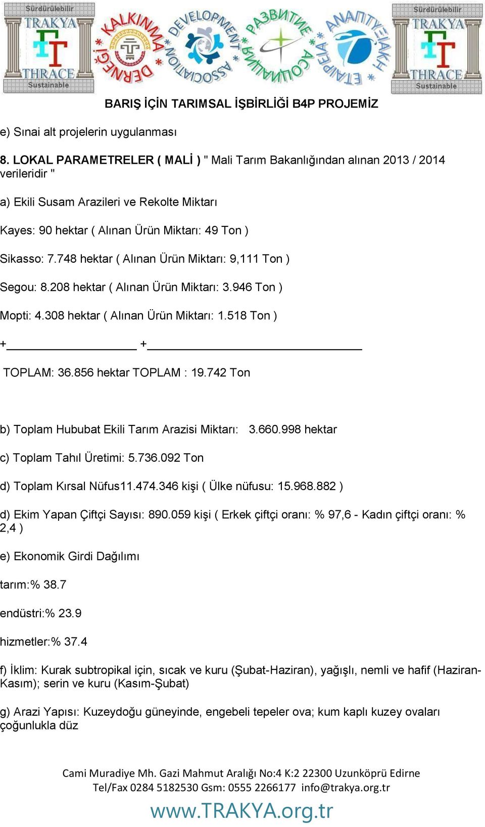 748 hektar ( Alınan Ürün Miktarı: 9,111 Ton ) Segou: 8.208 hektar ( Alınan Ürün Miktarı: 3.946 Ton ) Mopti: 4.308 hektar ( Alınan Ürün Miktarı: 1.518 Ton ) + + TOPLAM: 36.856 hektar TOPLAM : 19.