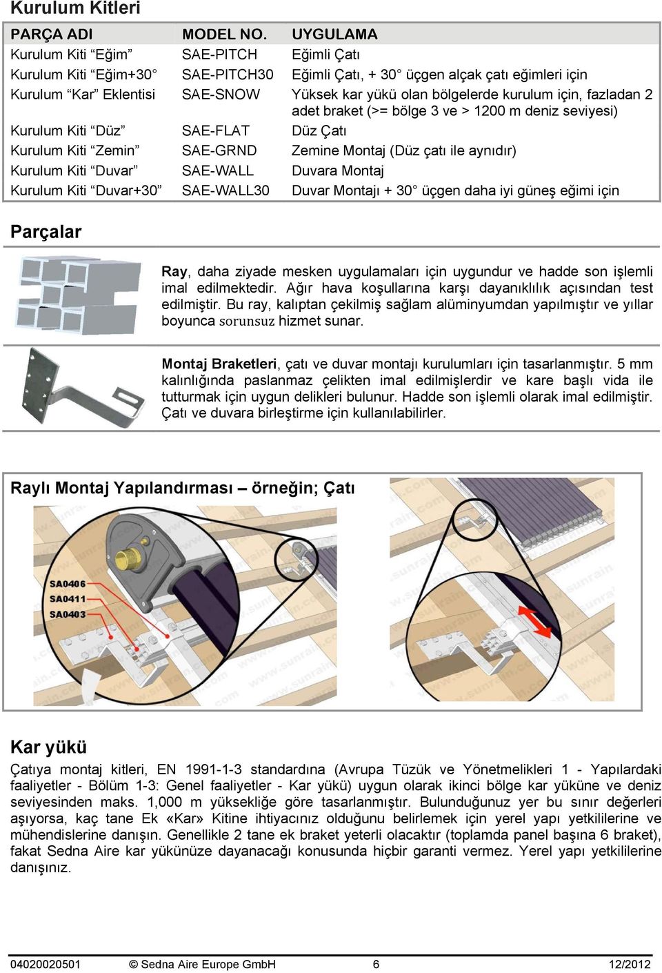 kurulum için, fazladan 2 adet braket (>= bölge 3 ve > 1200 m deniz seviyesi) Kurulum Kiti Düz SAE-FLAT Düz Çatı Kurulum Kiti Zemin SAE-GRND Zemine Montaj (Düz çatı ile aynıdır) Kurulum Kiti Duvar