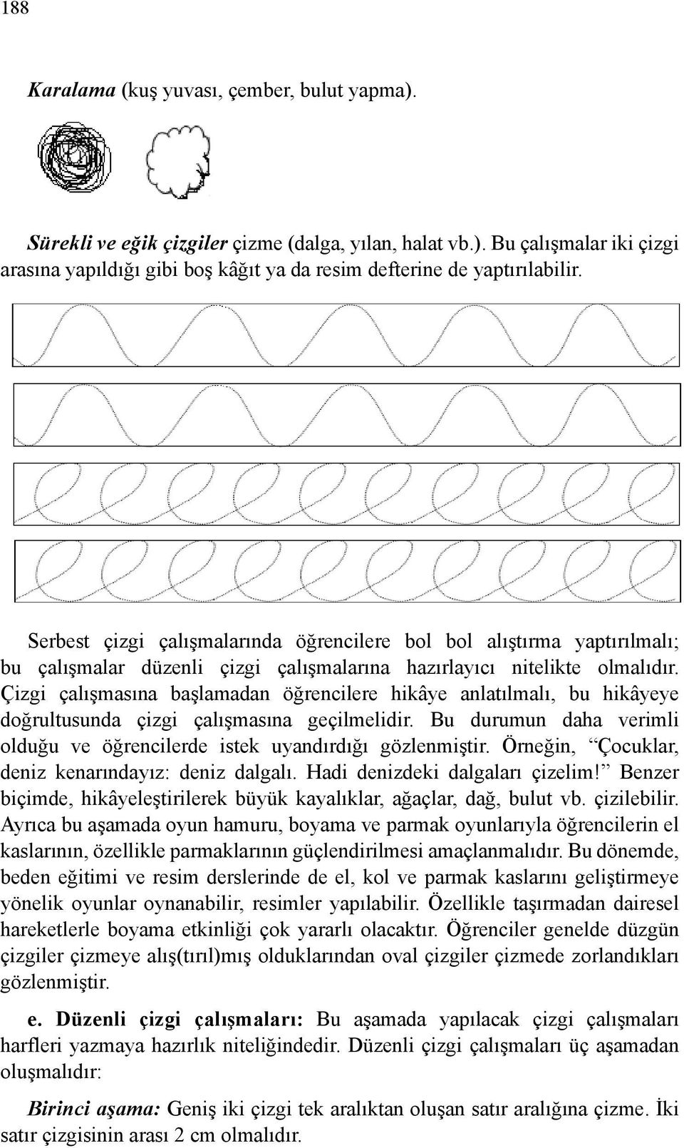 Çizgi çalışmasına başlamadan öğrencilere hikâye anlatılmalı, bu hikâyeye doğrultusunda çizgi çalışmasına geçilmelidir. Bu durumun daha verimli olduğu ve öğrencilerde istek uyandırdığı gözlenmiştir.