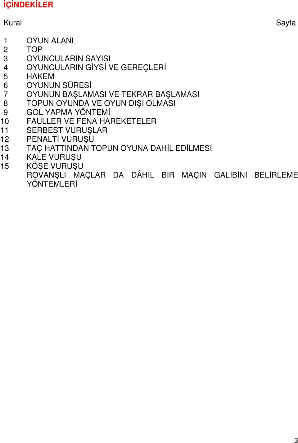 YÖNTEMĐ 10 FAULLER VE FENA HAREKETELER 11 SERBEST VURUŞLAR 12 PENALTI VURUŞU 13 TAÇ HATTINDAN TOPUN OYUNA