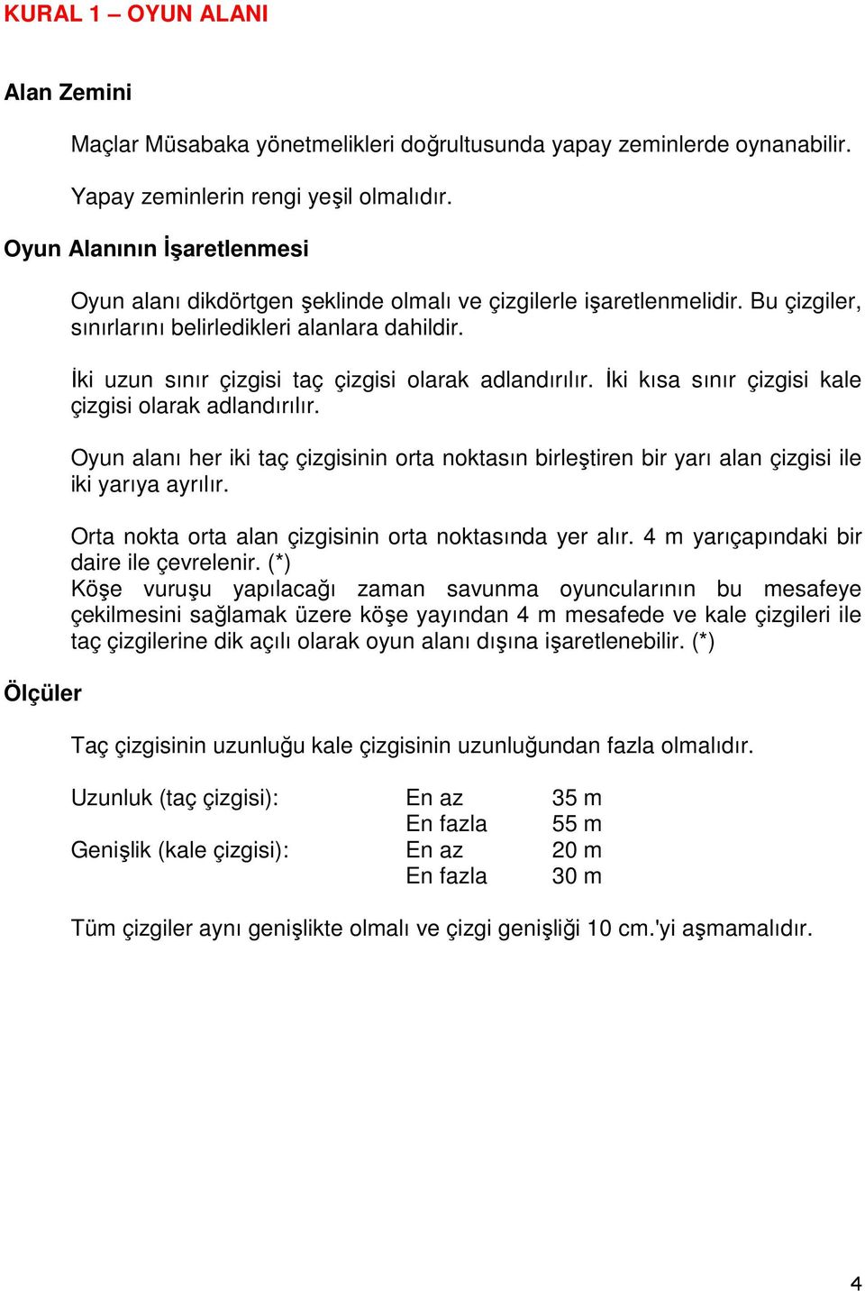 Đki uzun sınır çizgisi taç çizgisi olarak adlandırılır. Đki kısa sınır çizgisi kale çizgisi olarak adlandırılır.