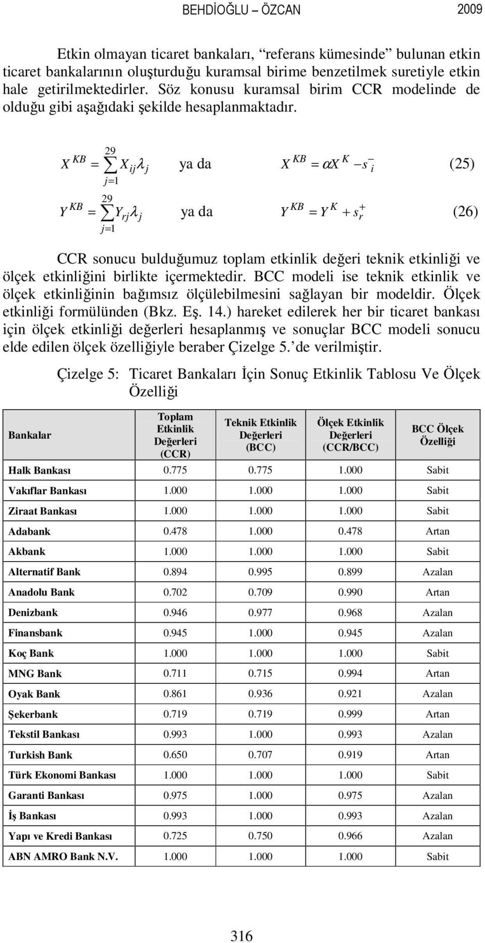 29 KB X = Xij 29 KB Y = Yrj λ λ j j ya da KB K = X s i X α (25) KB K + ya da Y Y + s (26) = r CCR sonucu bulduğumuz toplam etkinlik değeri teknik etkinliği ve ölçek etkinliğini birlikte içermektedir.