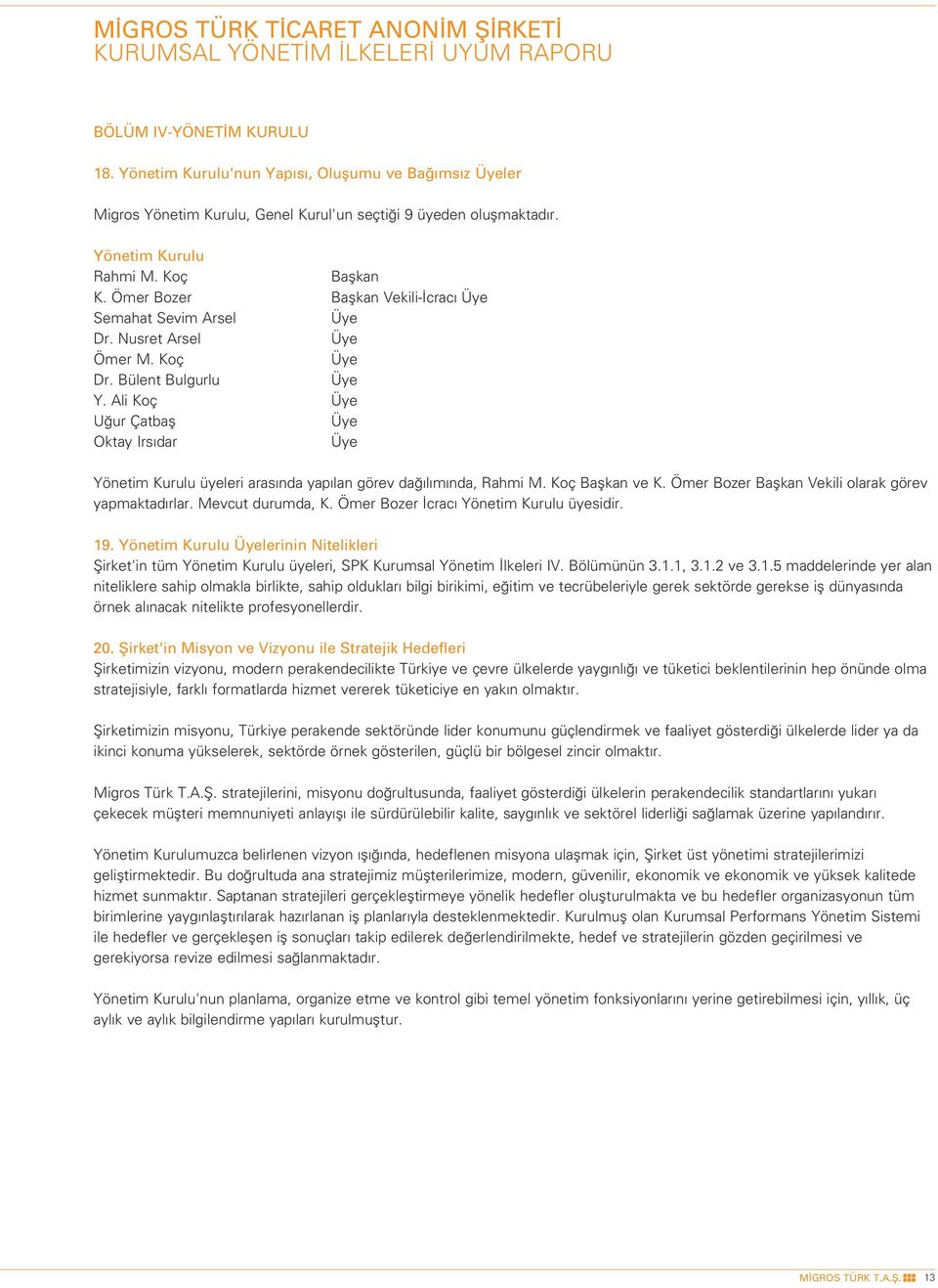 Ali Koç Üye U ur Çatbafl Üye Oktay Irs dar Üye Yönetim Kurulu üyeleri aras nda yap lan görev da l m nda, Rahmi M. Koç Baflkan ve K. Ömer Bozer Baflkan Vekili olarak görev yapmaktad rlar.