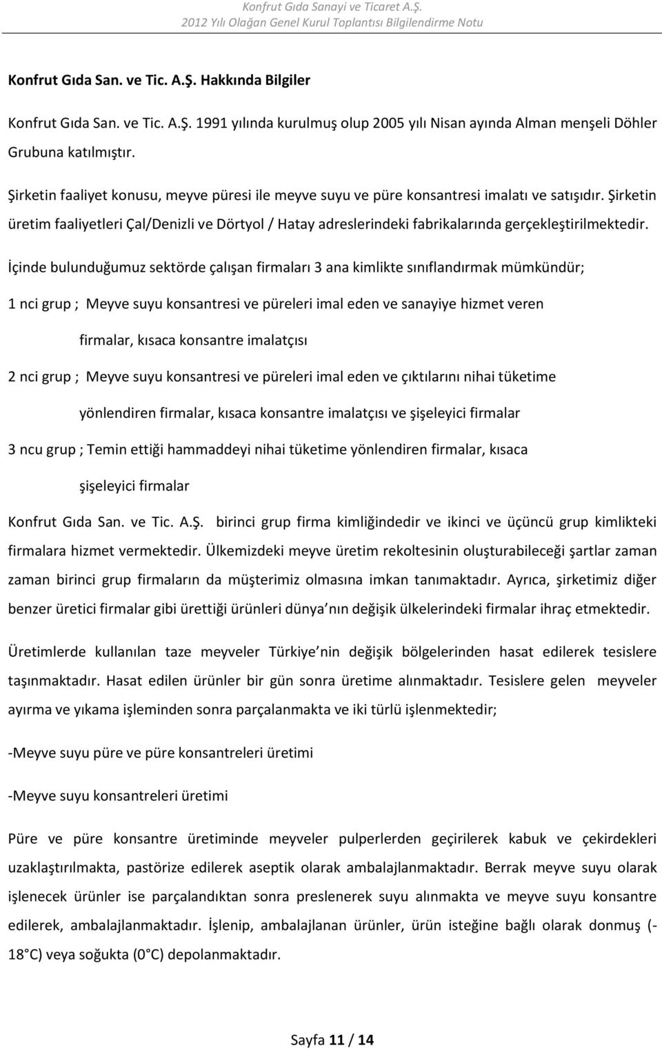 Şirketin üretim faaliyetleri Çal/Denizli ve Dörtyol / Hatay adreslerindeki fabrikalarında gerçekleştirilmektedir.